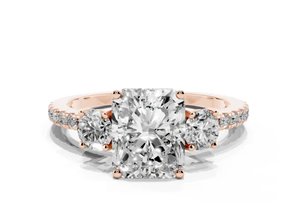 Three-Stone Radiant Cut Cut Diamond Pavé Band with Prong Setting Rose gold