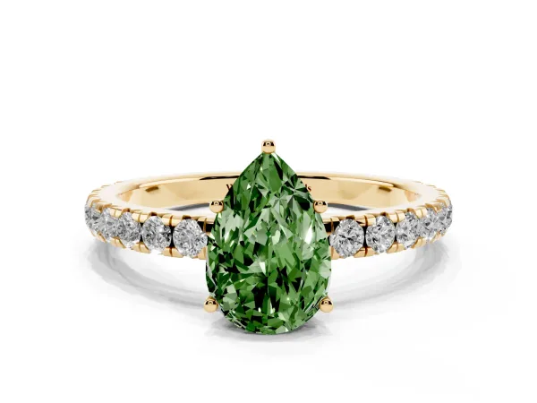 Fancy Green Pear Cut Diamond Pavé Solitaire Engagement Ring with Four-Prong Setting Yellow gold