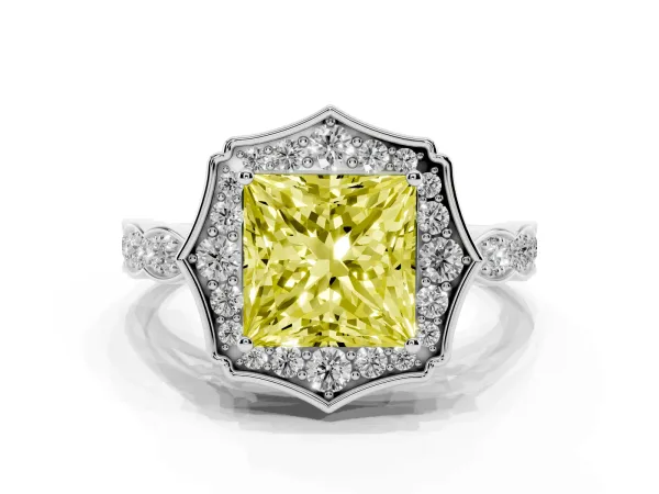 Fancy Yellow Princess Cut Halo Diamond Engagement Ring with Milgrain Band and Four-Prong Setting White gold