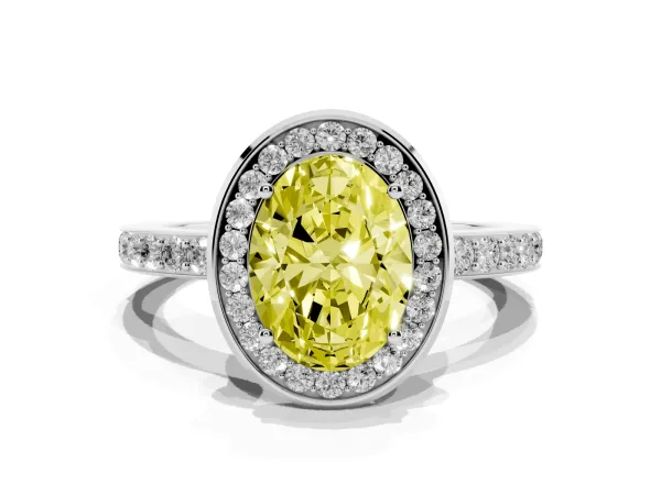Fancy Yellow Oval Cut Diamond Halo Ring with Bezel Frame and Pavé Band White gold