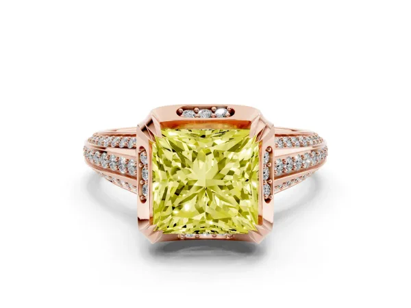 Fancy Yellow Princess Cut Solitaire Pave Split Shank Ring with Four-Prong Setting Rose gold