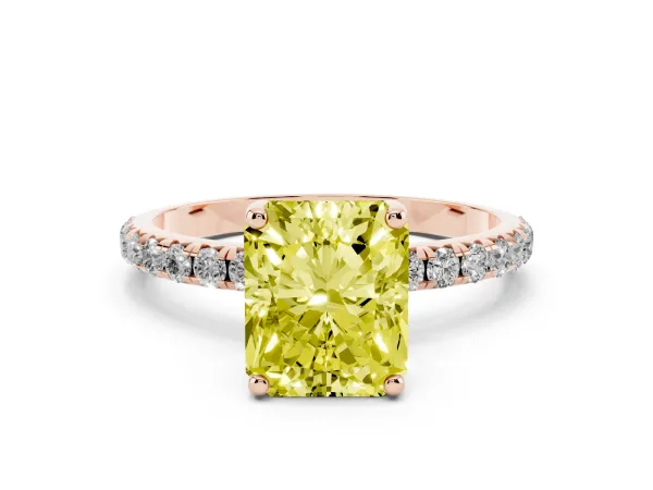 Fancy Yellow Radiant Cut Cut Diamond Solitaire Ring with Micro Pave Band and Four Prong Setting Rose gold
