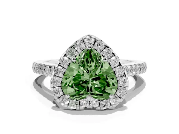 Fancy Green Heart Cut Halo Pave Diamond Engagement Ring with Four-Prong Setting Platinum