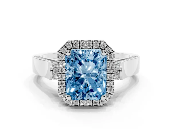Fancy Blue Radiant Cut Halo Round Diamond Twist Band with Four-Prong Setting Platinum