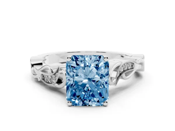 Fancy Blue Radiant Cut Solitaire Vine Band with Milgrain Prong Setting White gold