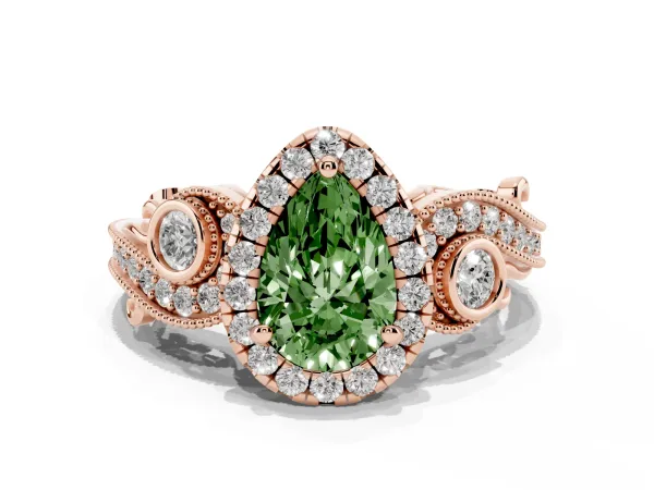 Fancy Green Pear Cut Diamond Halo Ring with Milgrain Pavé Band and Four-Prong Setting Rose gold