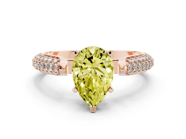 Fancy Yellow Pear Cut Diamond Solitaire Engagement Ring with Multi-Row Round Pavé Band and Prong Setting Rose gold