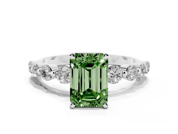 Fancy Green Emerald Cut Solitaire Diamond Ring with Pave Band and Four-Prong Setting White gold