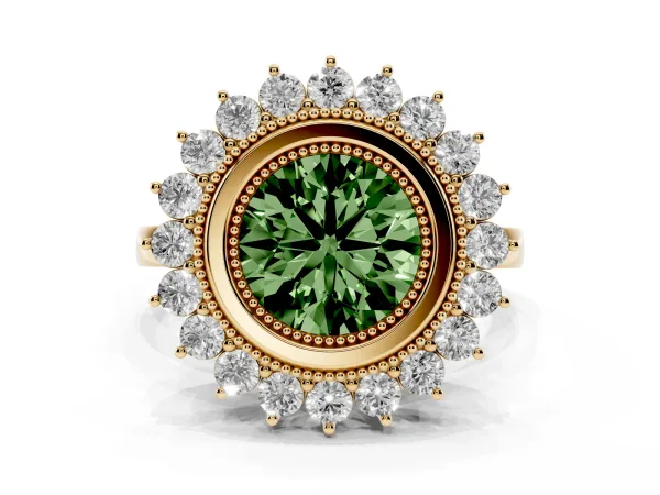 Fancy Green Round Cut Halo Diamond Ring with Milgrain Edge and Round Prong Setting Yellow gold