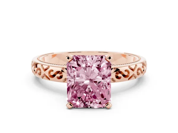 Fancy Pink Radiant Cut Solitaire Engagement Ring with Scrollwork Band and Four-Prong Setting Rose gold