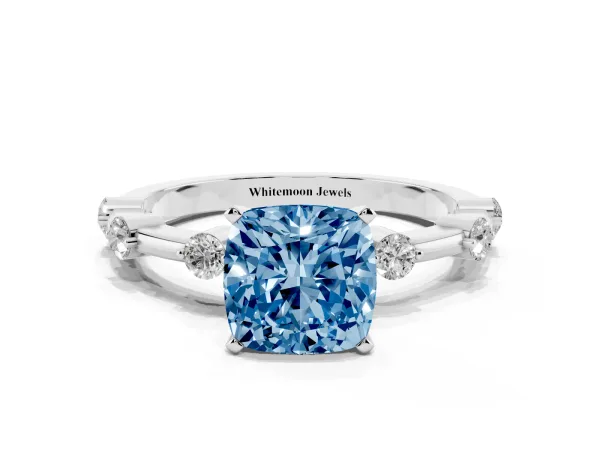 Fancy Blue Cushion Cut Solitaire Diamond Ring with Bezel Set Side Stones and Prong Setting Platinum