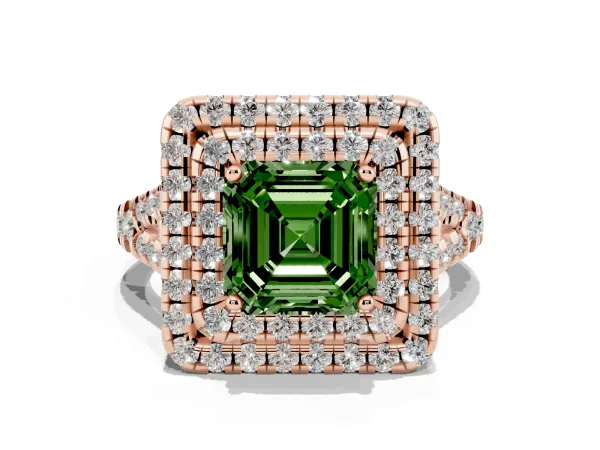 Fancy Green Double Halo Asscher Cut Diamond Pavé Split Shank Ring with Prong Setting Rose gold