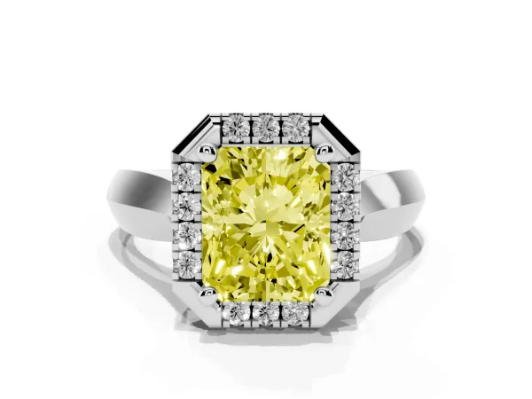 Fancy Yellow Radiant Cut Cut Halo Solitaire Engagement Ring with Square Band and Four-Prong Setting White gold