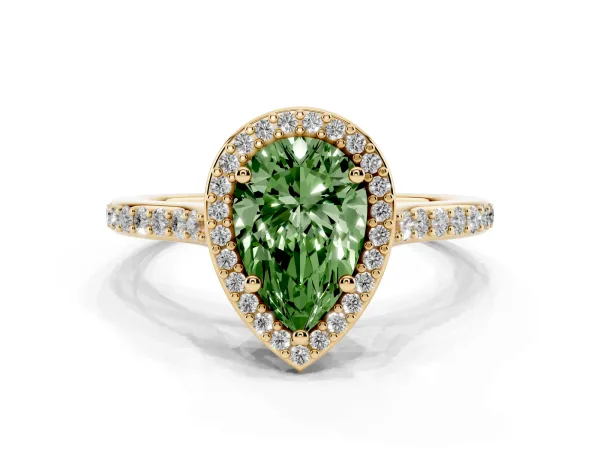 Fancy Green Pear Cut Diamond Halo Engagement Ring with Round Pavé Shoulders and Prong Setting Yellow gold
