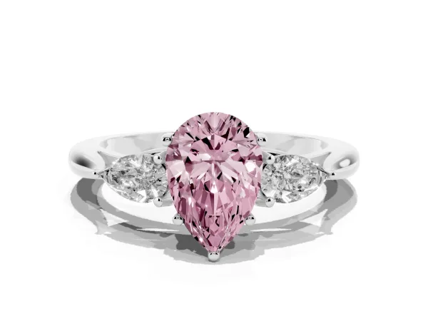 Fancy Pink Three-Stone Pear Cut Brilliant Diamond Solitaire Ring with Tapered Band and Four-Prong Setting Platinum