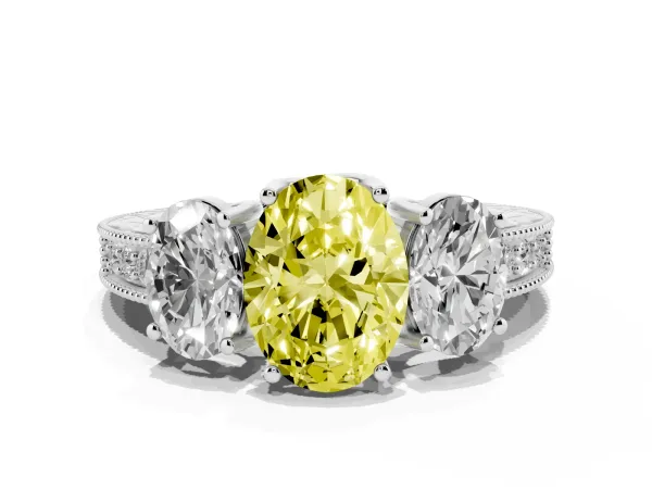 Fancy Yellow Three-Stone Oval Cut Cut Milgrain Pavé Engagement Ring Platinum