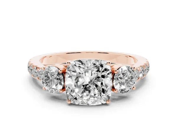 Cushion Cut Cut Diamond Three-Stone Ring with Round Side Stones and Pavé Band Rose gold