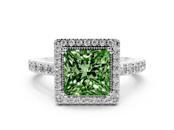 Fancy Green Princess Cut Cut Diamond Halo Engagement Ring with Milgrain Detail and Pavé Band Platinum