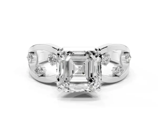 Asscher Cut Cut Solitaire Diamond with Side Stones on Criss-Cross Band and Four-Prong Setting Platinum