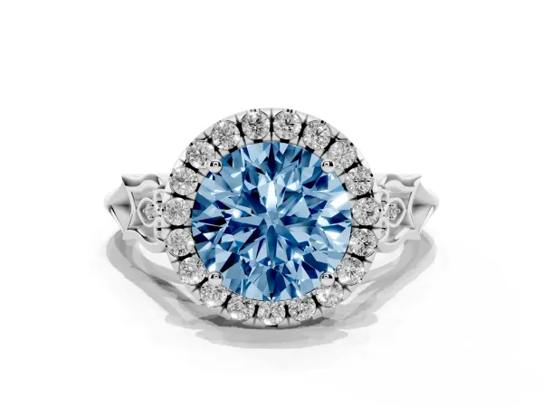 Fancy Blue Round Cut Halo Diamond Engagement Ring with Filigree Band and Four-Prong Setting White gold