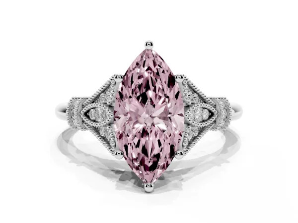 Fancy Pink Marquise Cut Diamond Solitaire Ring with Floral Filigree and Pave Accents Platinum
