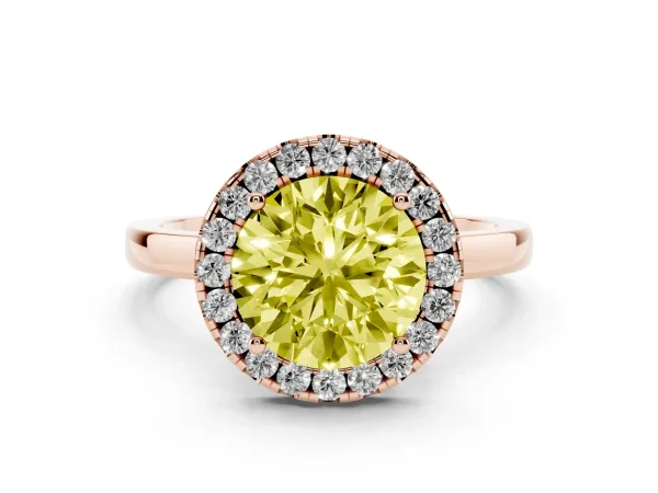 Fancy Yellow Round Cut Halo Diamond Solitaire with Pavé Band and Four-Prong Setting Rose gold
