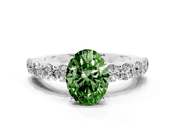Fancy Green Oval Cut Diamond Solitaire Ring with Shared Prong Round Side Stones Platinum