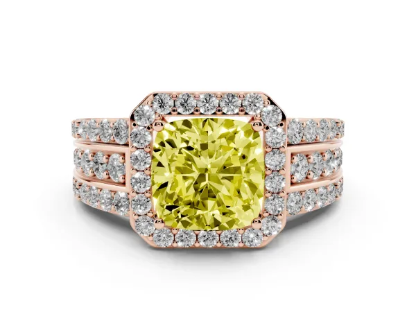 Fancy Yellow Cushion Cut Halo Diamond Ring with Round Split Shank and Prong Setting Rose gold