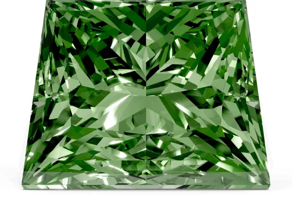 Fancy Green Princess Cut Halo Diamond Ring with Milgrain and Bezel Accents on a Split Shank Band Yellow gold