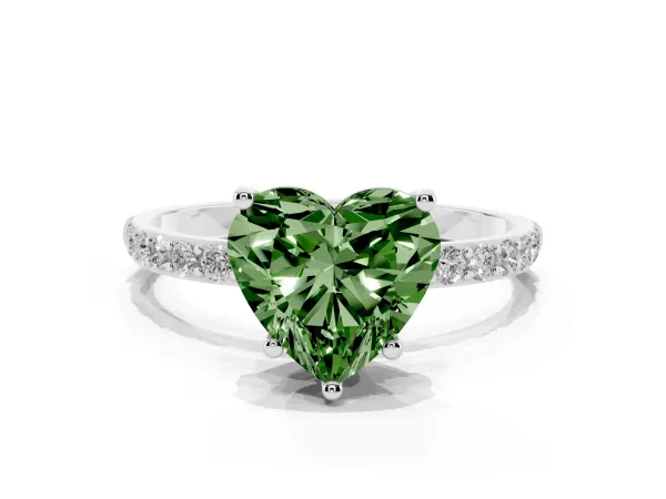 Fancy Green Heart Cut Diamond Solitaire Ring with Round Pavé Shoulders and Prong Setting White gold