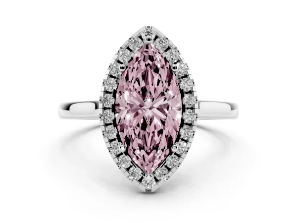 Fancy Pink Marquise Cut Halo Round Diamond Solitaire Ring with Pavé Band and Four-Prong Setting White gold