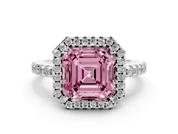 Fancy Pink Asscher Cut Diamond Halo Engagement Ring with Pavé Band and Prong Setting Platinum