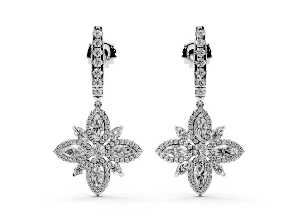 Marquise and Round Diamond Floral Huggie Drop Earrings Platinum