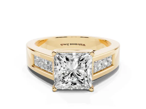 Princess Cut Cut Channel Set Solitaire Ring with Four-Prong Setting Yellow gold