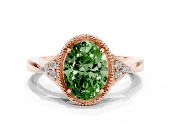 Fancy Green Hexagonal Halo Oval Cut Diamond Solitaire with Pavé Band and Four-Prong Setting Rose gold