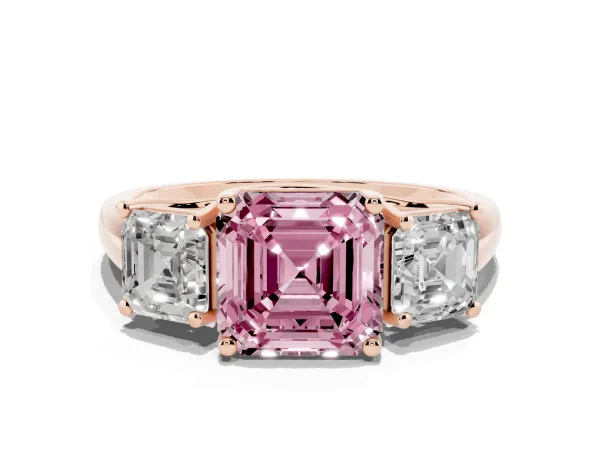 Fancy Pink Three-Stone Asscher Cut Diamond Engagement Ring with Prong Setting Rose gold