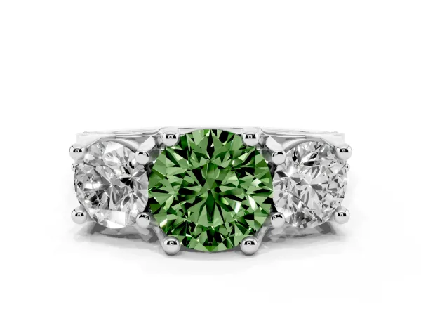 Fancy Green Round Cut Diamond Three-Stone Ring with Channel Set Band and Four-Prong Setting Platinum