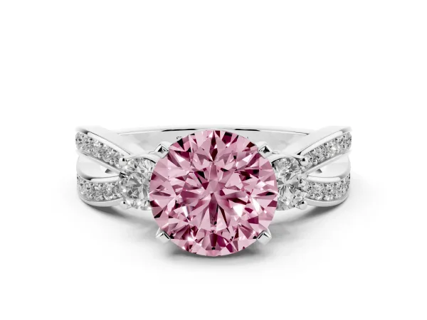 Fancy Pink Three-Stone Round Cut Cut Diamond Twist Band with Prong Setting Platinum