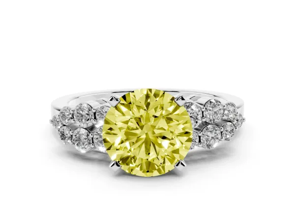 Fancy Yellow Round Cut Cluster Diamond Engagement Ring with Pavé Band and Four-Prong Setting White gold
