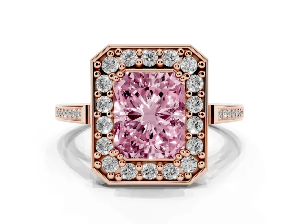 Fancy Pink Radiant Cut Diamond Halo Ring with Split Shank and Four-Prong Setting Rose gold