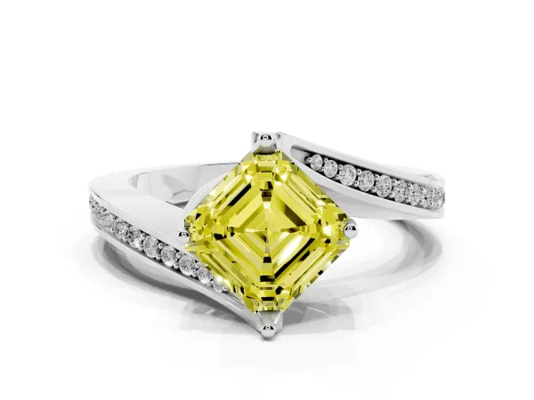 Fancy Yellow Asscher Cut Solitaire Diamond Twist Band with Pavé Setting and Four-Prong Setting Platinum