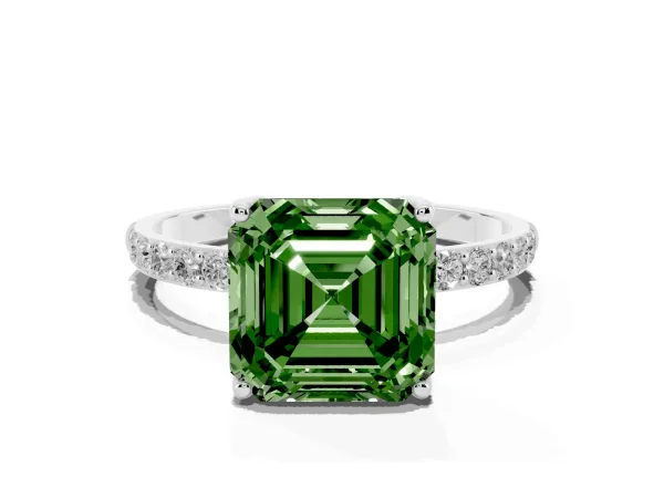 Fancy Green Asscher Cut Diamond Solitaire Engagement Ring with Round Pavé Band and Prong Setting Platinum