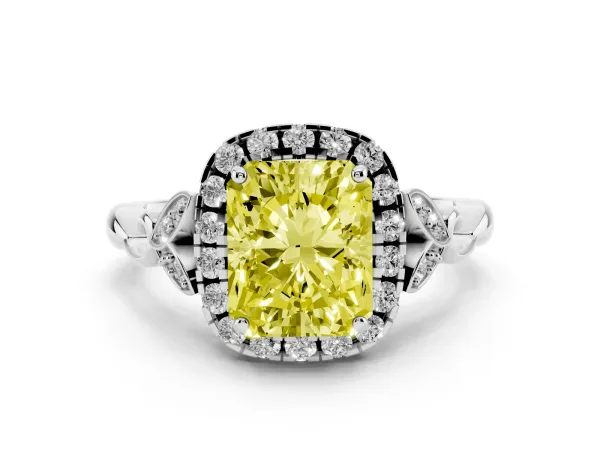 Fancy Yellow Radiant Cut Halo Diamond Engagement Ring with Vintage-Inspired Band and Four-Prong Setting Platinum