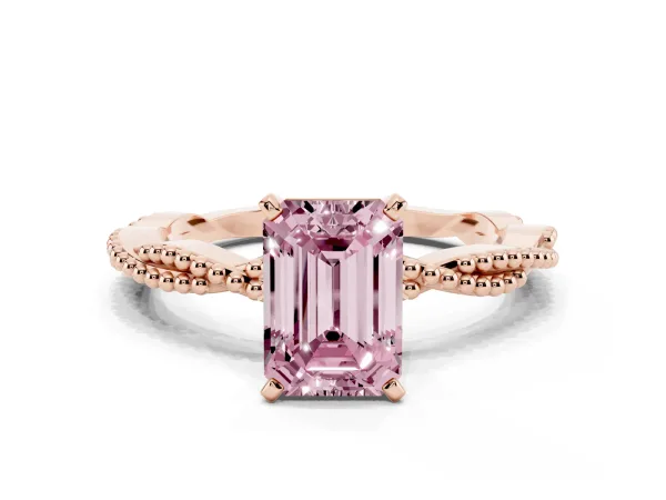 Fancy Pink Emerald Cut Solitaire Twisted Band with Bead Prong Setting Rose gold