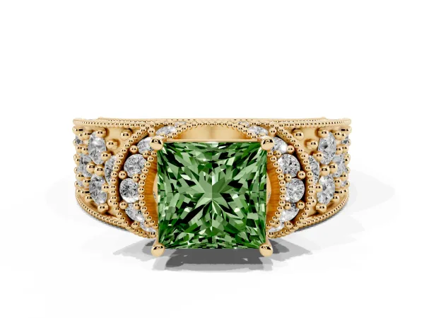 Fancy Green Princess Cut Halo Pave Diamond Engagement Ring with Milgrain Detailing Yellow gold