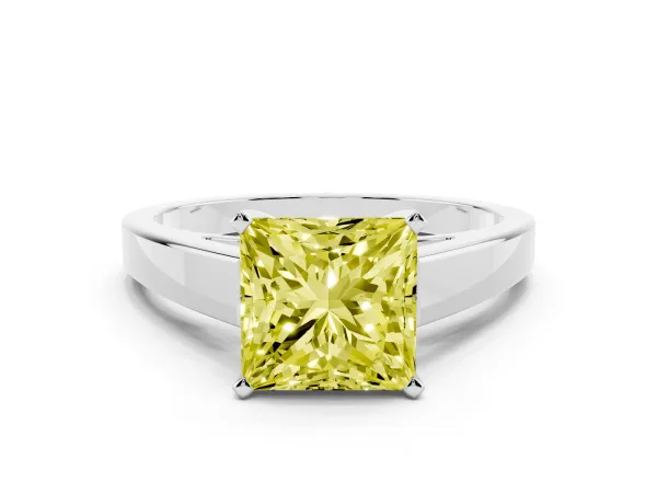 Fancy Yellow Princess Cut Solitaire Engagement Ring with Four-Prong Setting and Tapered Band White gold