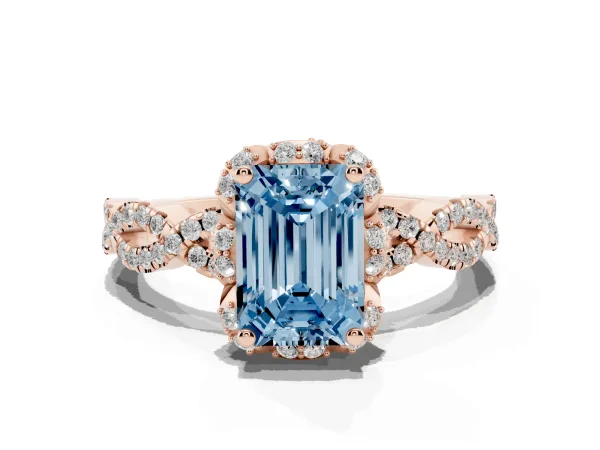 Fancy Blue Emerald Cut Halo Twist Band Solitaire Ring with Six-Prong Setting Rose gold