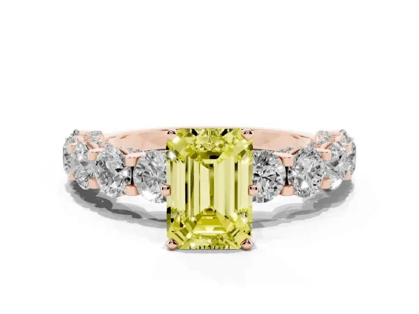 Fancy Yellow Emerald Cut Diamond Side Stone Engagement Ring with Four-Prong Setting Rose gold