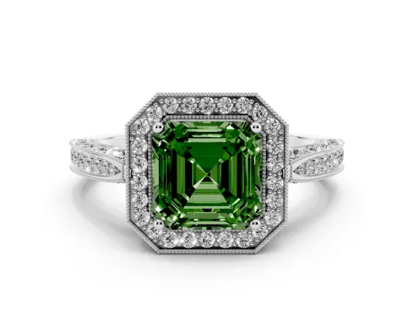 Fancy Green Asscher Cut Halo Diamond Engagement Ring with Split Shank Band and Four-Prong Setting Platinum
