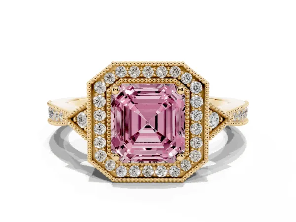 Fancy Pink Asscher Cut Halo Round Diamond Milgrain Pave Engagement Ring Yellow gold